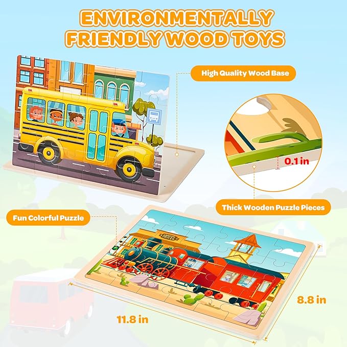 Wooden Puzzles for Kids Age 3 4 5 Year Old, 4 Pack 24 Pcs Toddler Jigsaw Puzzles for Girl Boy Vehicle Activities Preschool Learning Educational Birthday Gift Travel Autistic Wooden Toys