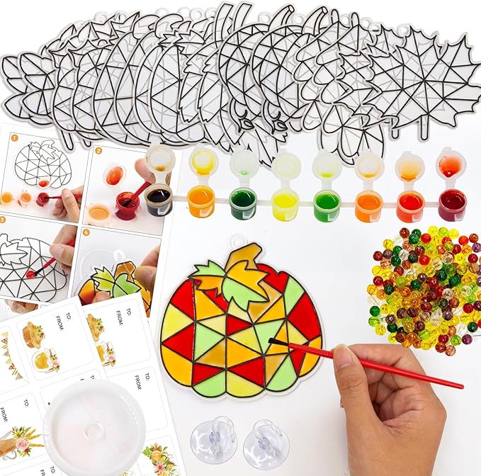 WorldBazaar Fall Suncatchers Craft Ornaments 24 Sets Pumpkin Window Art Suncatchers Decoration Thanksgiving Fall Harvest Classroom Activity Party Supplies