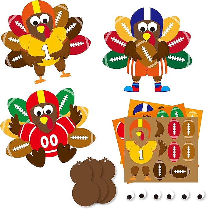 BeYumi 24 Sets Thanksgiving Foam Football Turkey Craft Kit DIY Give Thanks Rugby Turkey Handing Ornaments Decorations Fall Autumn Make A Turkey Craft for Kids Home School Classroom Party Activities