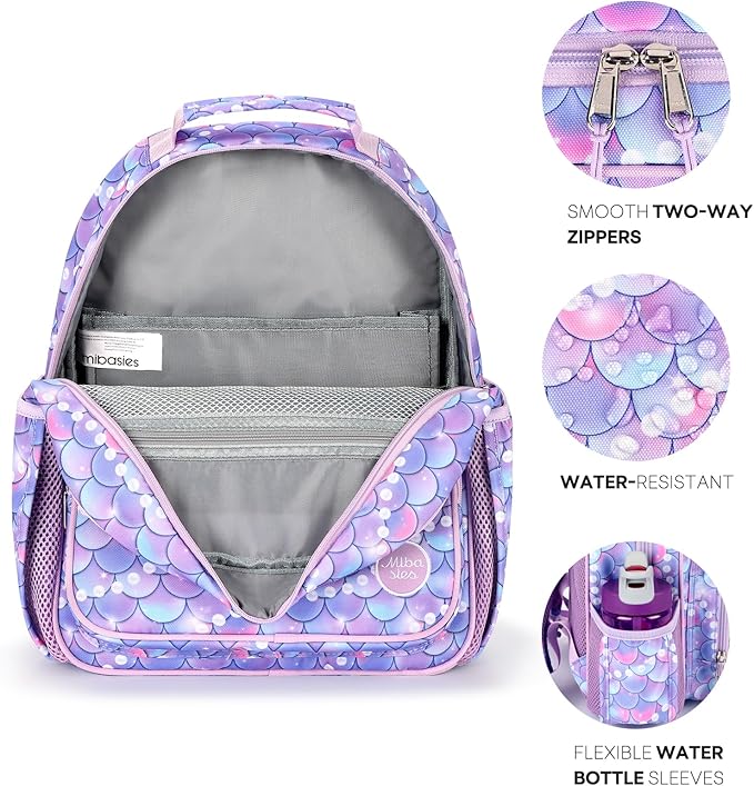 mibasies Kids Backpack for Girls: Girls Backpack 5-8 - Kindergarten Elementary School Bookbag for Girl - Fish scale Purple