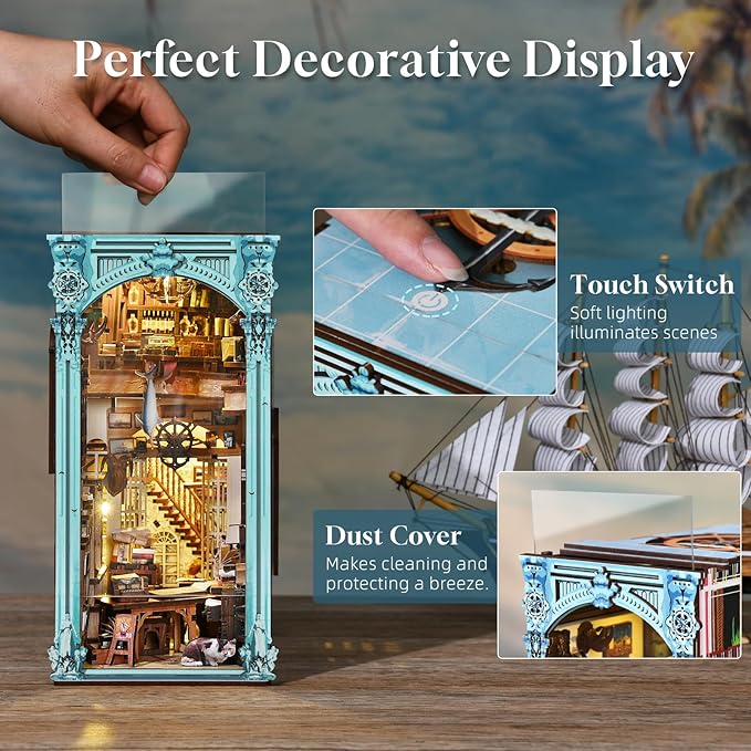 MiniCity DIY Book Nook Kit for Adults, 3D Wooden Puzzle Bookend Bookshelf Insert Decor with LED Light and Dust Cover (Hemingway House)