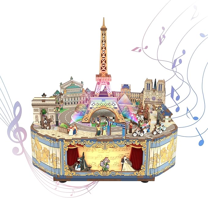 Tonecheer Wooden Music Box Puzzle for Adults, DIY Rotating Music Box Kit 3D Creative Musical Puzzle Crafts Model Building Kits Desk Decor Birthday (Romantic Paris)