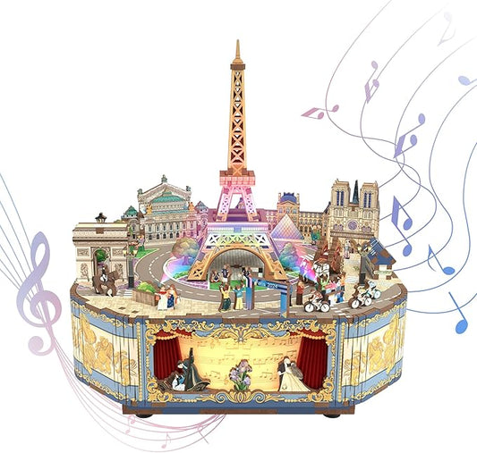 Tonecheer Wooden Music Box Puzzle for Adults, DIY Rotating Music Box Kit 3D Creative Musical Puzzle Crafts Model Building Kits Desk Decor Birthday (Romantic Paris)