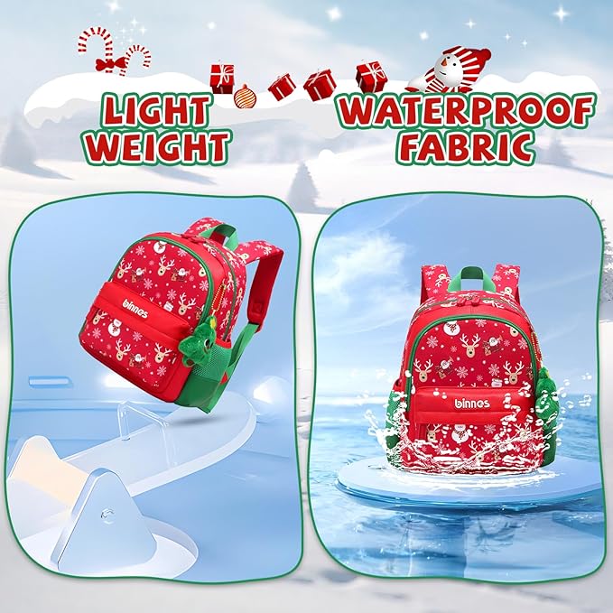 Kids Christmas Backpack Holiday School Bag with Santa & Reindeer Print, Lightweight Durable Bookbag with Plush Keychain Gift for Boys Girls