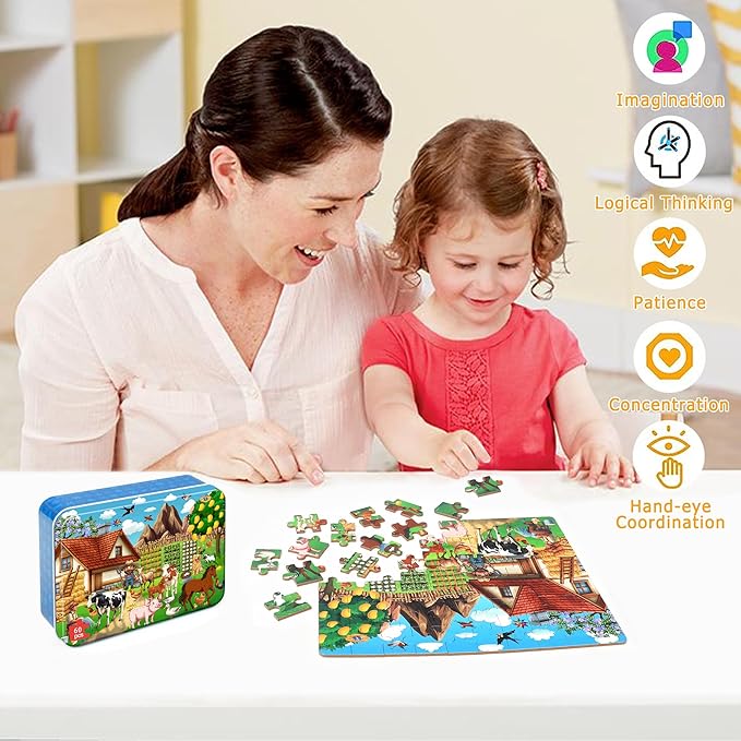 LELEMON Puzzles for Kids Ages 4-6, Farm 60 Piece Puzzles for Kids in a Metal Box, Educational Jigsaw Puzzles Childrens Puzzle Games Puzzle Toys for Girls and Boys