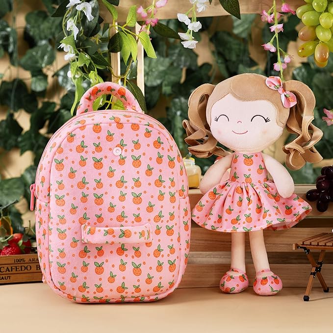 Gloveleya Toddler Backpack Baby Girl Gifts Curly Hair Plush Figures Dress Backpack Kids Backpack Curly Hair Spring Girl Fruit Section-Orange 9inches