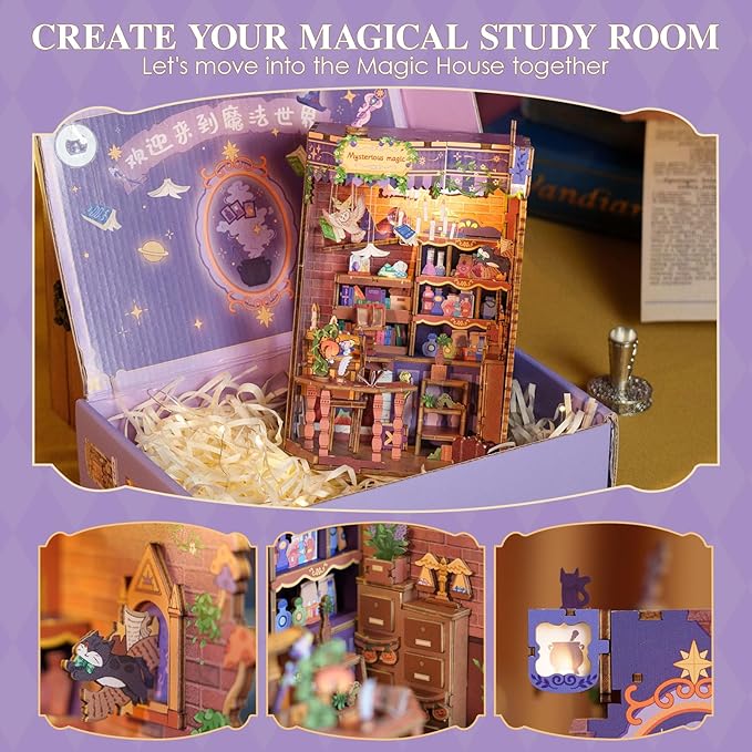 MOMIBOOK Book Nook Kit 153 Pcs DIY Miniature Dollhouse Kit for Adults, 3D Wooden Puzzle Mini Booknook Bookend Bookshelf Decor, Tiny House Model, Party Christmas Birthday Gifts, Fingertip Magic Cabin
