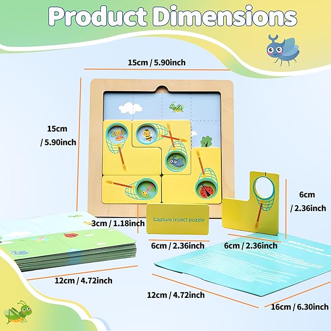 Insect Catching Puzzle Game for Kids Ages 3-8, 30 Double-Sided Challenge Cards Montessori Learning Toys, Strategic Board Game with Bug Catching Net Tiles, for Boys Girls