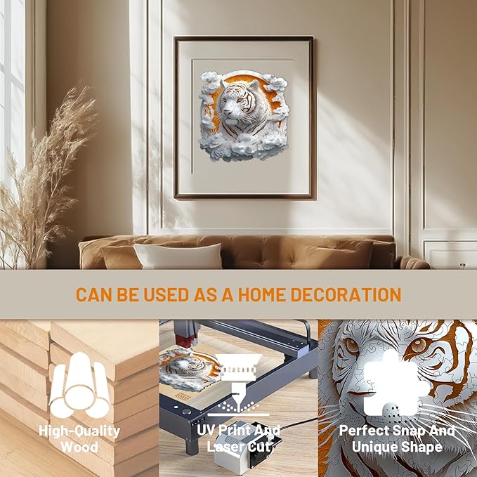 Wooden Puzzles for Adults, 3D Visual Effect Paper Tiger Puzzle, Wood Puzzles Adult, Unique Animal Shape, Paper Sculpture Modern Art Puzzle, Gifts for Friend, Canvas Wall Art (M-11.4 * 11.4in-200 pcs)