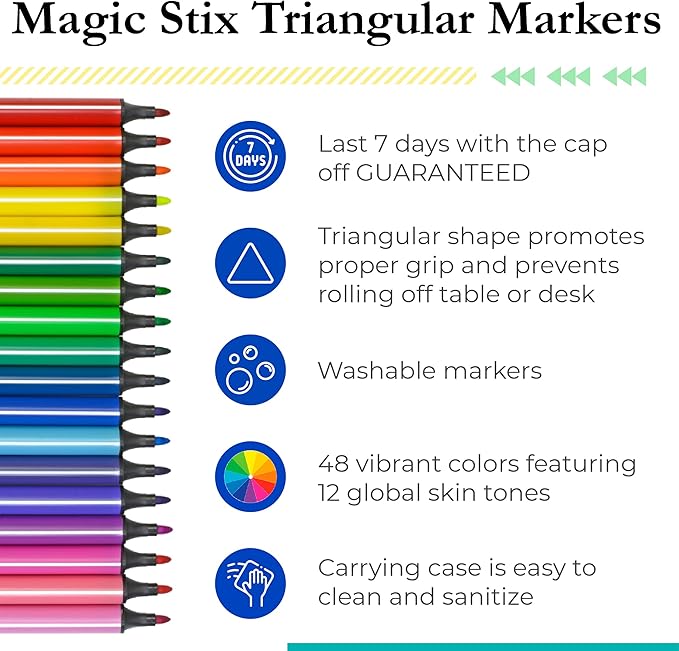 The Pencil Grip Magic Tri Stix, Non-Toxic and Washable Markers For Kids, 48 set, 36 Rainbow + 12 Global Skin Tone Markers, TPG-390