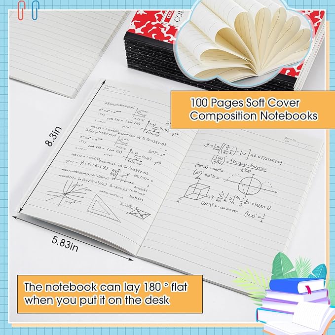 Fainne 100 Pack A5 Composition Notebooks Bulk College Ruled Composition Notebooks Marble Covers Notebook for Student Classroom Office Supplies 30 Sheet/60 Page(Red)