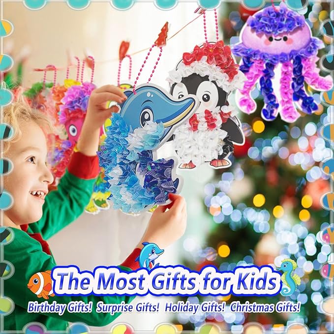 mom&myaboys Mess-Free Poke Art for Kids Ages 4-8 - Ocean Animals Craft Kit (8 Sea Creatures: Jellyfish, Dolphin, Turtle & More) | Beginner Sewing Toys for Toddlers | Creative Gift for Girls and Boys
