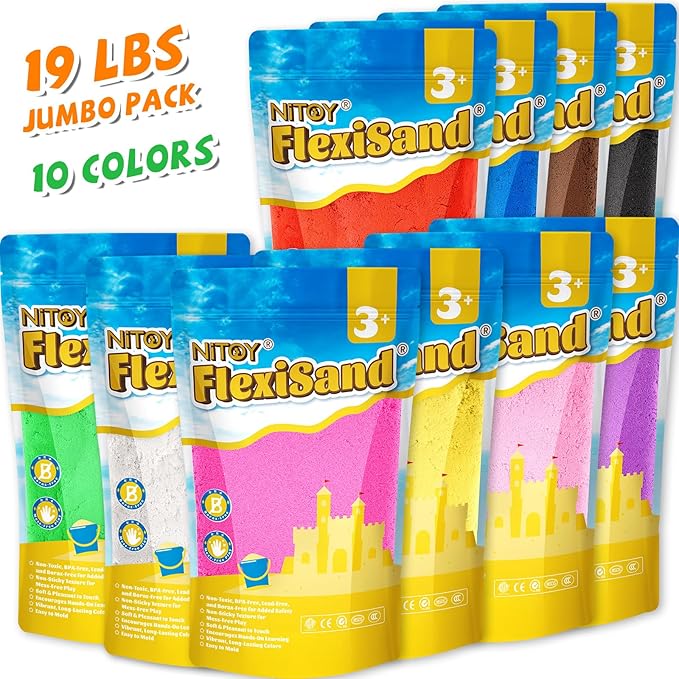 NiToy FlexiSand 19 Lbs. Moldable Self-Sticking Sand Value Pack, Never Dries Out Fun for Kids Ages 3 and Up, Bulk Refill for Sensory Sand Box Toys, Ideal for Shaping, Squeezing and Molding (10 Colors)