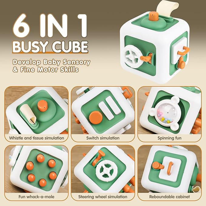 Toys for 1 Year Old Boy Girl, Montessori Busy Board Busy Cube, Travel Toys for Toddlers 1-3, 1 Year Old Girl Boy Gifts, Green