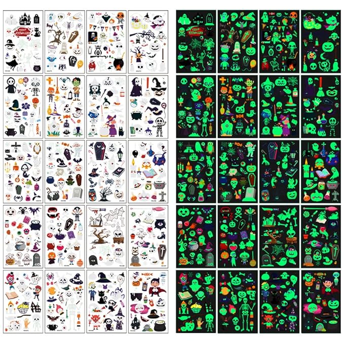 Luminous Halloween Temporary Tattoos for Kids - 360 Pieces Halloween Glow In The Dark Tattoos for Boys and Girls,Bulk Halloween Prizes Treat or Trick Party Favor Goody Bag Stuffers 20 Sheets