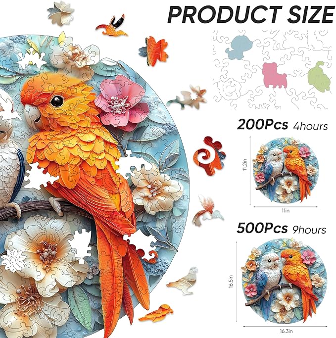 Wooden Puzzles for Adults, Parrots Flower Wooden Jigsaw Puzzles 500pcs,16.5x16.9in, Royal, Unique Shape Animal Adult Puzzles, Irregular Wood Puzzles Creative Gift for Adults and Kids Family Game
