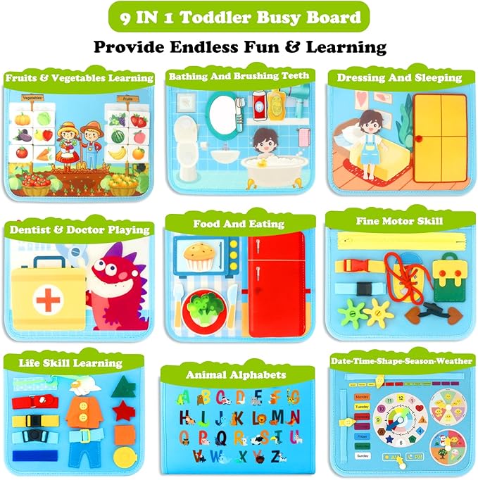 Guolely Busy Board Montessori Toys for 1-6 Years Old - Toddler Travel Toys, Educational Busy Book with 10 Pages Soft Daily Learning Activities - Sensory Toy Gift Ideal for Boys, Girls, Kids