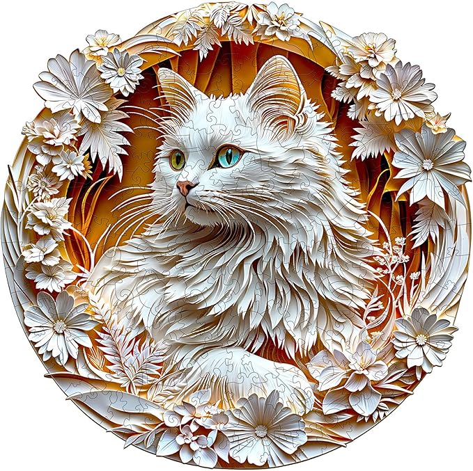 Wooden Puzzle for Adults-3D Visual Effect White Cat Wooden Puzzle Unique Shape Advanced Wooden Jigsaw Puzzle for Adult, Best Birthday Gifts,Halloween Challenge Craft (S-8.5 * 8.4in-100pcs)