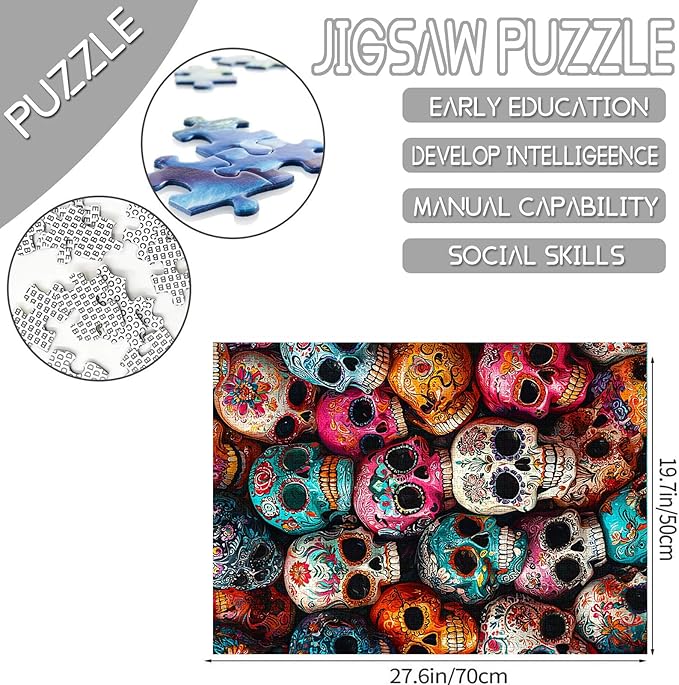 Tucocoo 1000 Piece Jigsaw Puzzles for Adults Pile of Sugar Skulls Puzzle Day of The Dead Colorful Skeleton Art 1000 Pieces Puzzles for Challenging Family Activity Game DIY Puzzle Wall Decor Gifts