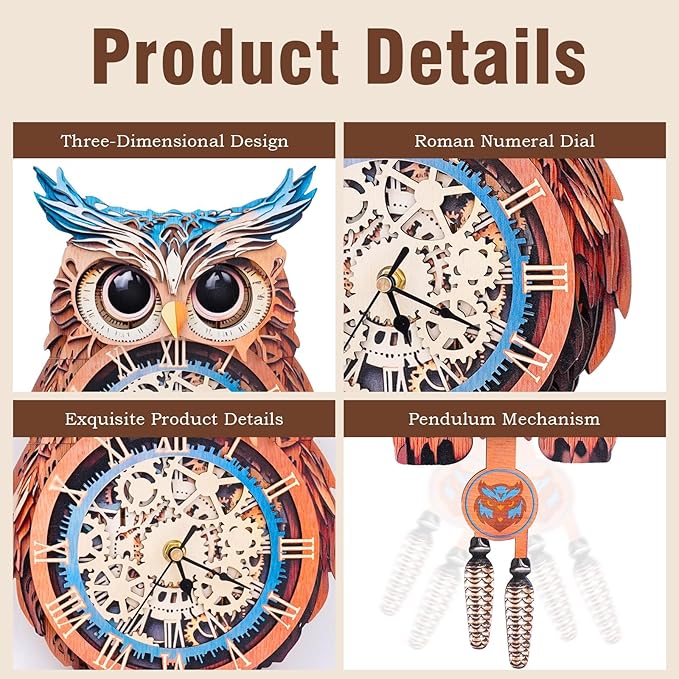 Kosmickiss 3D Wooden Puzzles for Adults, Owl Wooden Clock, DIY Model Building Kits for Adults, Owl Gifts for Women, Creative Decor for Home