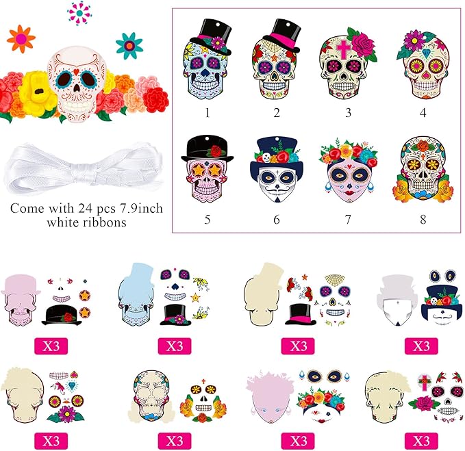 Sumind 24 Sets Day of Dead Decorations Sugar Skull Crafts Kits for Kids Dia De Los Muertos Decor Halloween Ghost Ornaments Halloween Day of Dead Fiesta Party Supplies Fun Home Activities Classroom