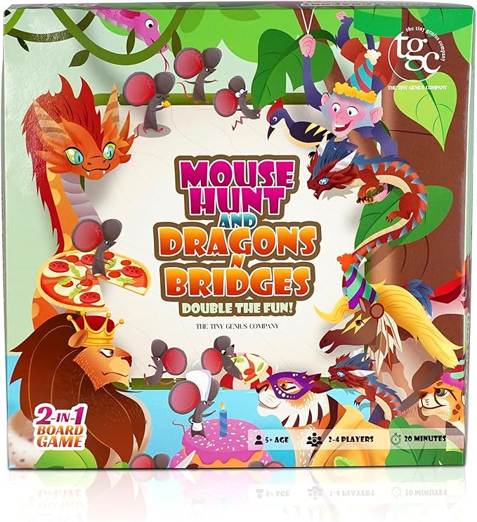 2-in-1 Family Board Game for Kids 5+ | Folding 19x19 Inch Board with 16 Pawns & Dice | Dragons & Bridges + Mouse Cafe | Educational & Fun Travel Game for Kids & Families