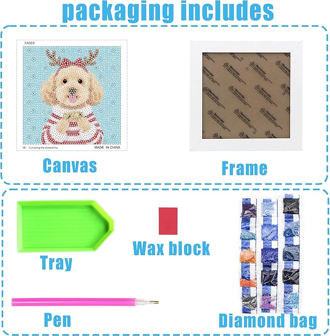 geesfayan Diamond Art Kits for Kids Ages 8-12,6 Inch DIY Gem Art Painting with 7 Inch Frame, Complete Starter Kit for Beginners, Creative Arts & Crafts Gift for Girls & Boys (Christmas Dog)