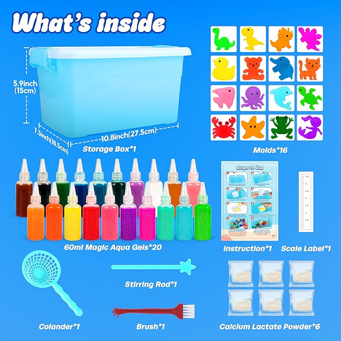 Mocoosy 20 Colors Magic Water Gel Kit for Kids, Aqua Fairy Water Elf Toy Kit with 20 Aqua Gels & 16 Squishy Maker Molds, Squishy Making Kit Water Pets DIY Crafts Kit STEM Gifts for Boys Girls Age 6-12