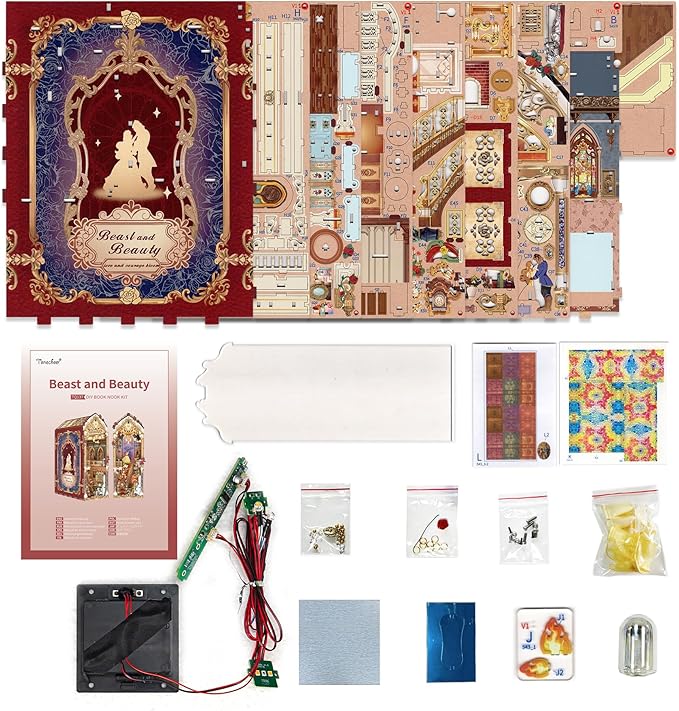 Tonecheer DIY Book Nook Kit for Adults, 3D Wooden Puzzle Music Booknook Miniature Dollhouse, Fairy Tale Bookend Bookshelf Decor with Dust Cover and LED Lights Gifts (Beast and Beauty)