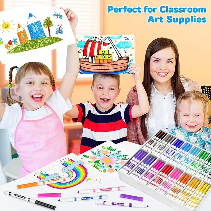 Officygnet 192 Count Washable Markers Bulk, 16 Assorted Colors, Conical Tip with Fine & Broad Line Coloring Marker for Kids, Markers Bulk for Classroom, School Art Supplies, Back to School Essentials