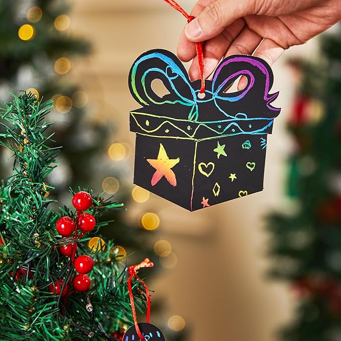 JOYIN 48 Pcs Christmas Scratch Art Ornaments, Rainbow Color Scratch Paper in Front Side & Coloring Card in Back Side, Scratch Off Kids Party Favors Supplies, Holiday DIY Art Craft Kit Activities Gifts