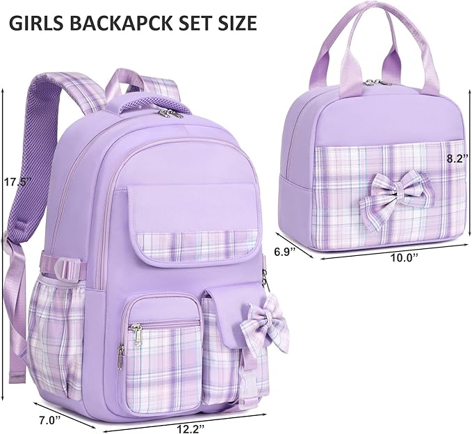 JIANYA Girls Backpack for School Kids Backpack with Lunch Box Elementary School Backpack for Girls, Bow/Purple