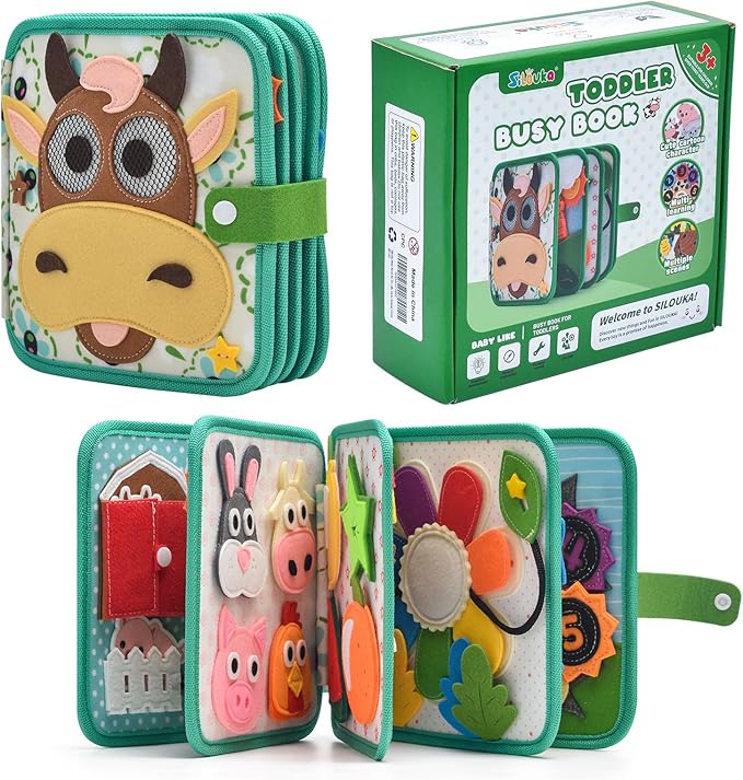 Montessori Busy Book for Toddlers 1-3, Felt Quiet Book & Busy Board for Preschool Learning, Fine Motor Skills & Sensory Play, Educational Travel Toy and Gift for Kids – Farm Animals Theme, Green