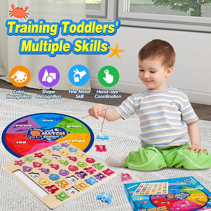 Wooden Montessori Toys for Toddlers 3-5, Magnetic Fishing Games, Color and Shape Sorting Sensory, Letter& Number Educational Toys for 3 4 5 6 Girls Boys Preschool Educational