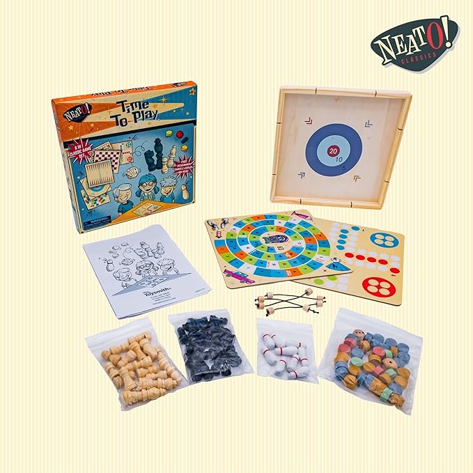 Neato Time to Play 8-in-1 Wooden Board Game Set – Chess, Checkers, Backgammon, Bowling, Sling Puck, Snakes and Ladders, Racing – Classic Family Game for Kids & Adults – Great for Game Night & Travel