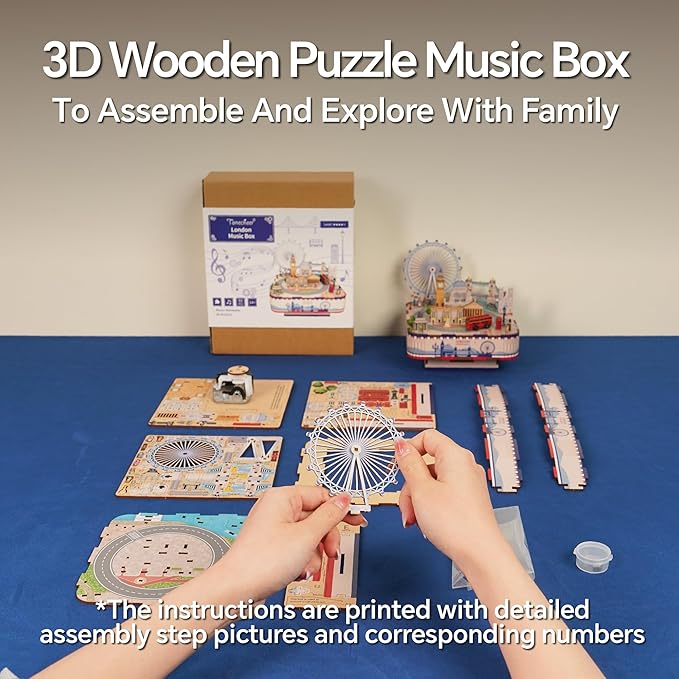 Tonecheer Wooden Music Box Puzzle for Adults,DIY Rotating Music Box Kit 3D Creative Musical Puzzle Crafts Model Building Kits Desk Decor for Teens Kids Birthday Gift (London Music Box)