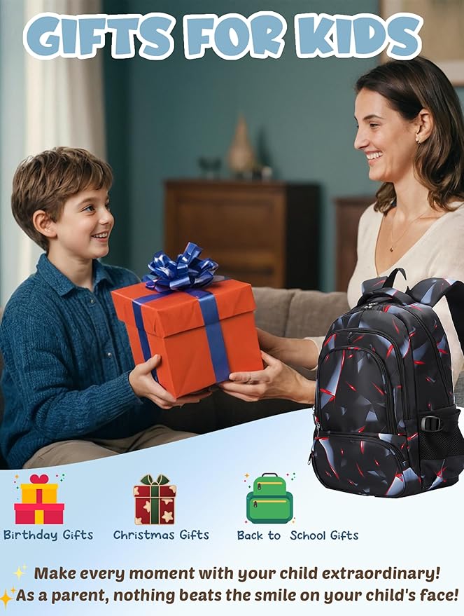 BLUEFAIRY Kids Backpack for Boys Elementary Primary School Bags for Childs Black Bagpack Book Bag Back to School Gifts for Son Mochilas Escolares para Niรฑos 17" Large Compartment Black/Red