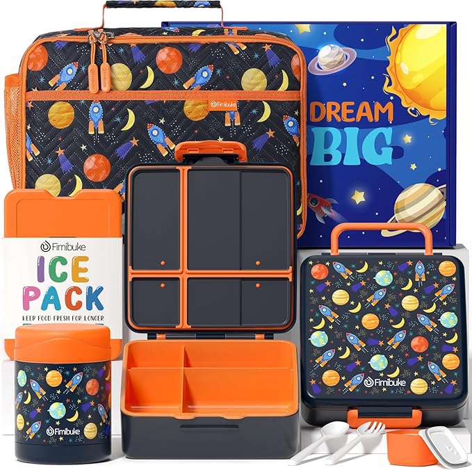 Fimibuke Kids Bento Snack Lunch Box with 4 Compartment, Insulated lunch Bag, Stainless Steel Vacuum Thermos Food Jar, Ice Pack, Utensils Set, Birthday Gift for Age 3-12 Back to School Toddler Girl Boy
