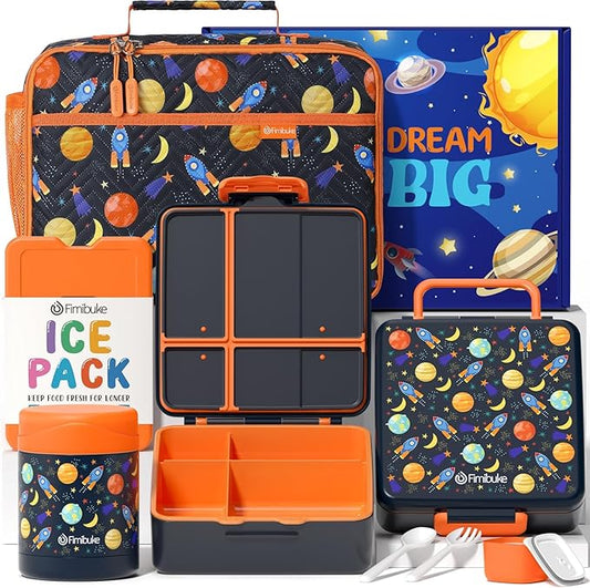Fimibuke Kids Bento Snack Lunch Box with 4 Compartment, Insulated lunch Bag, Stainless Steel Vacuum Thermos Food Jar, Ice Pack, Utensils Set, Birthday Gift for Age 3-12 Back to School Toddler Girl Boy