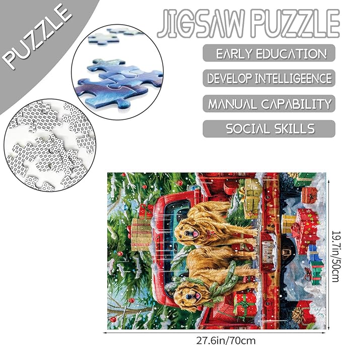 Christmas Day Puzzles 1000 Pieces for Adults, Families (Cute Dog,Red Car,Christmas Tree,Gift Box,) Pieces Fit Together Perfectly 19.7''x27.6''inch Happy New Year Magic Puzzle Art Boho Gift(Red)