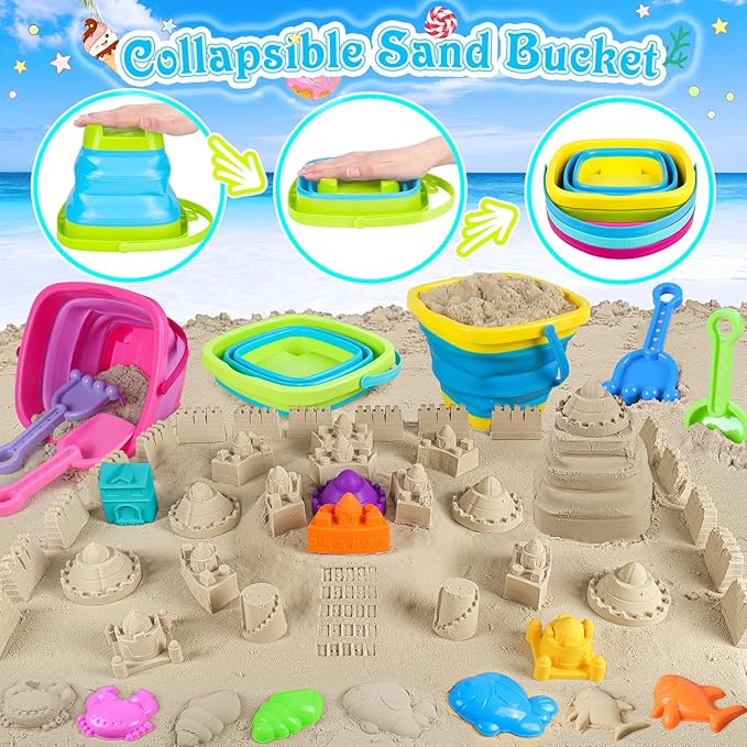Collapsible Beach Toys for Kids Toddlers, 3 Foldable Buckets and Shovels Set, Sand Castle Building Kit, Ice Cream Travel Sand Toys for Sandbox & Mesh Bag, Beach Essentials for Boys Girls Age 3-10