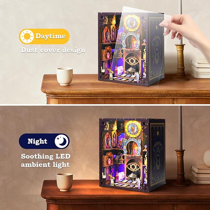 Book Nook Kit - Fantasy Tarot 3D Wooden Puzzle for Adults, Teens & Beginners, DIY Miniature Bookshelf Insert with LED Light, Mysterious Craft Gift for Model Builders