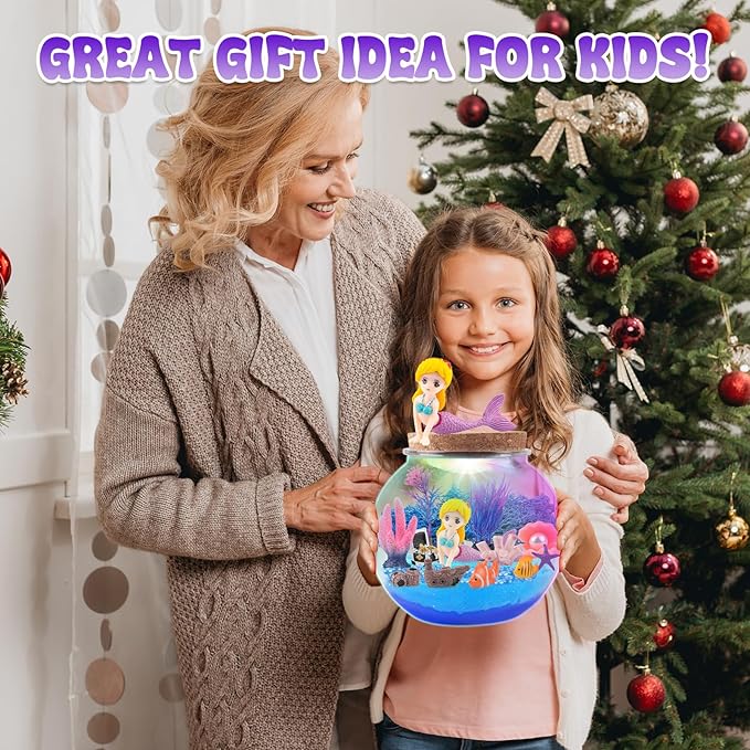 MYDOVA Mermaid Terrarium Craft Kit for Kids Girls - LED Night Light Up & Remote Mermaid Birthday Gifts Toys for Girls Age 6 7 8 9 10 11 12 Year Old Best Birthday DIY Arts and Crafts Kits