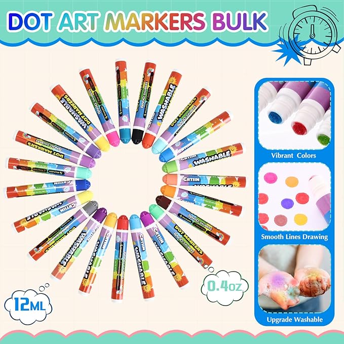 Crtiin 60 Pack Washable Dot Markers Set 30 Assorted Colors Bingo Daubers Bulk 0.4oz Dot Art Paint Markers Ideal for Art and Crafts Painting Coloring Bingo Supplies