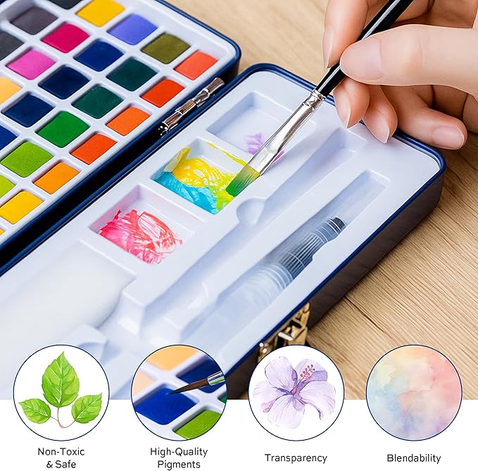 50-Color Watercolor Paint Set with 8 Brushes (Water Brush + Detail Brushes), 3 Mixing Palettes & Complete Accessories, Perfect for Beginners,Great for Outdoor Sketching, Painting Creation, Holiday Gifts