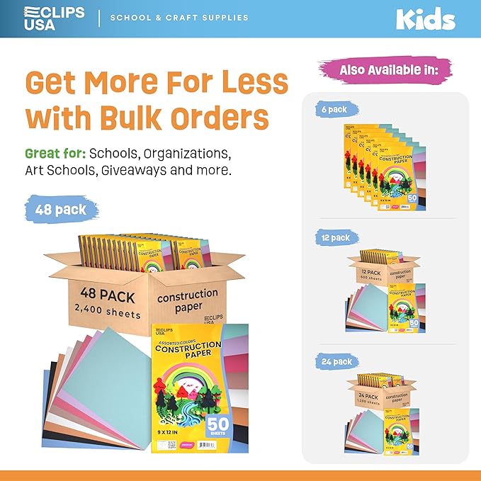 Construction Paper Bulk (2,400 Sheets), 9 x 12 Construction Paper for Kids, Color Art Paper, Assorted Colors, 50 Sheets Per Pack, (48 Pack)