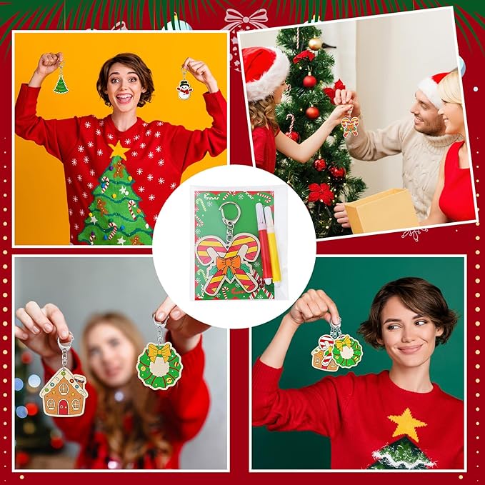 24 Sets Christmas Keychains Craft Kit Winter Unfinished Keychains Gifts Color Your Own Gingerbread Man Santa Claus Elk Penguin Snowman DIY Crafts for Christmas Winter Party Favors