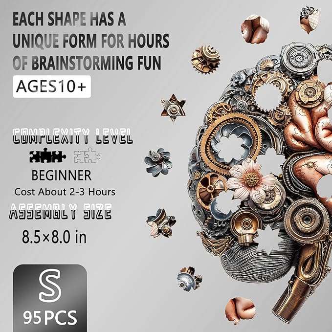 Wooden Puzzles for Adults, Mechanical Brainstem Wooden Jigsaw Puzzles, Flat Puzzle with 3D Visual Effect, Brain Wood Puzzles Adult, Unique Shape Wall Art Canvas Puzzle (S-8.5 * 8.5in-95Pcs)