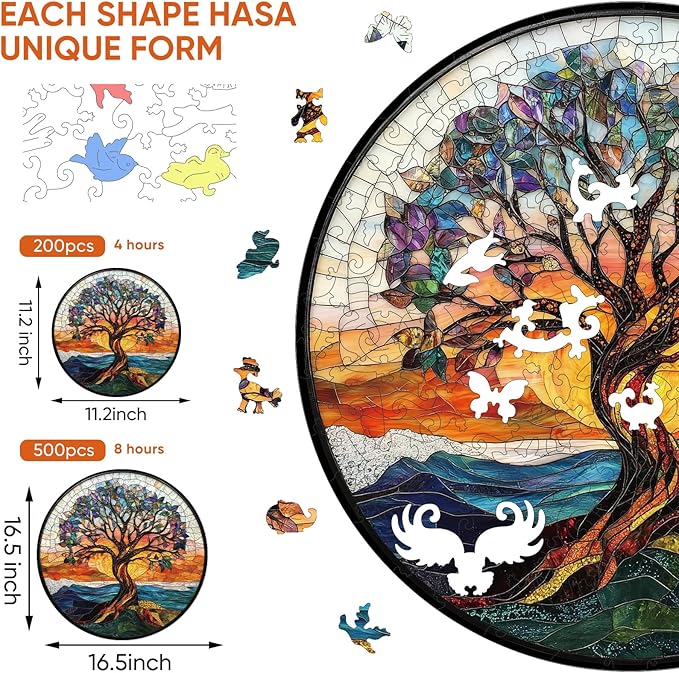 Wooden Puzzles for Adults, Stained Glass Puzzles Tree of Life 200 Piece,5MM Thickness, Tree Jigsaw Puzzles, Irregular Wood Creative for Adults and Kids Family Games