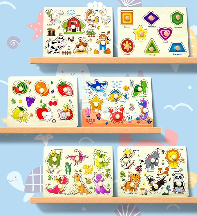 Wooden Peg Puzzles for Toddlers,Montessori Toddler Puzzles for Child,Fine Motor Skill Learning Puzzles Toys for Baby Boys Girls Gifts-6 Pcs Shape,Farm,Sea Animal,Dinosaurs,Fruits,Animals